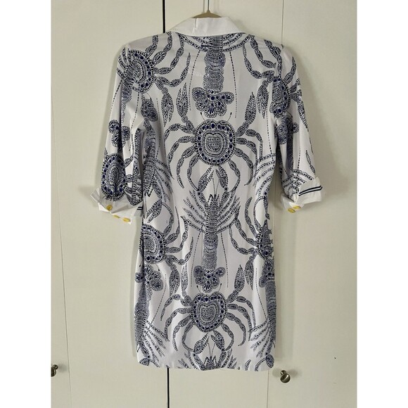 TYLER BOE Collared Shirt Dress, White, Crab Pattern, Stretch Cotton, Small - Picture 3 of 5